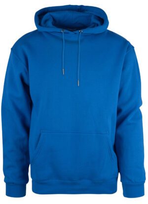 Kornblå hoodie med snøre i hætten, og lomme foran på maven.